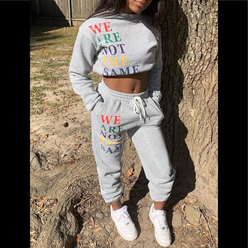 Unique “WE ARE NOT THE SAME” Cotton Crop Sweatshirt & Sweatpants 2Pc Outfit NWT
